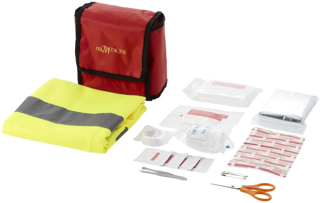 19-piece first aid kit with safety vest